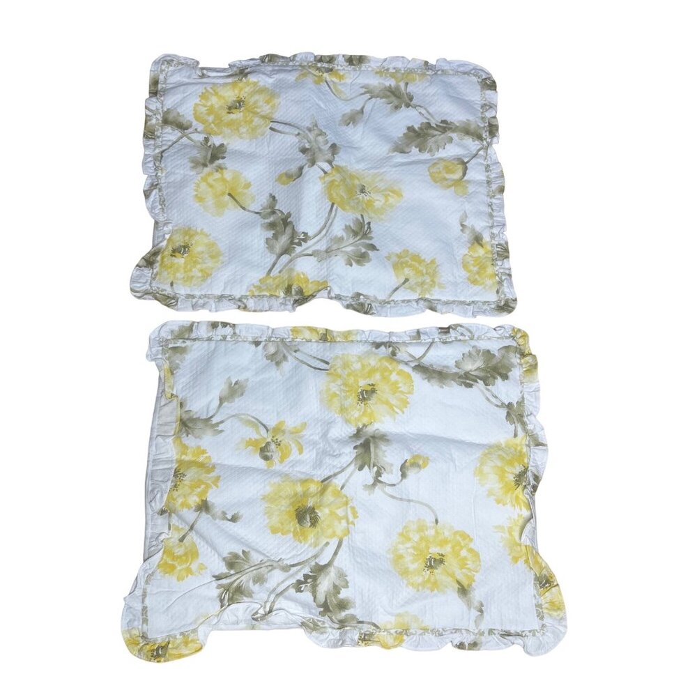 Mary Janes Farm Pillow Shams Watercolor Floral Ruffle Lot of 2 Yellow Cottage